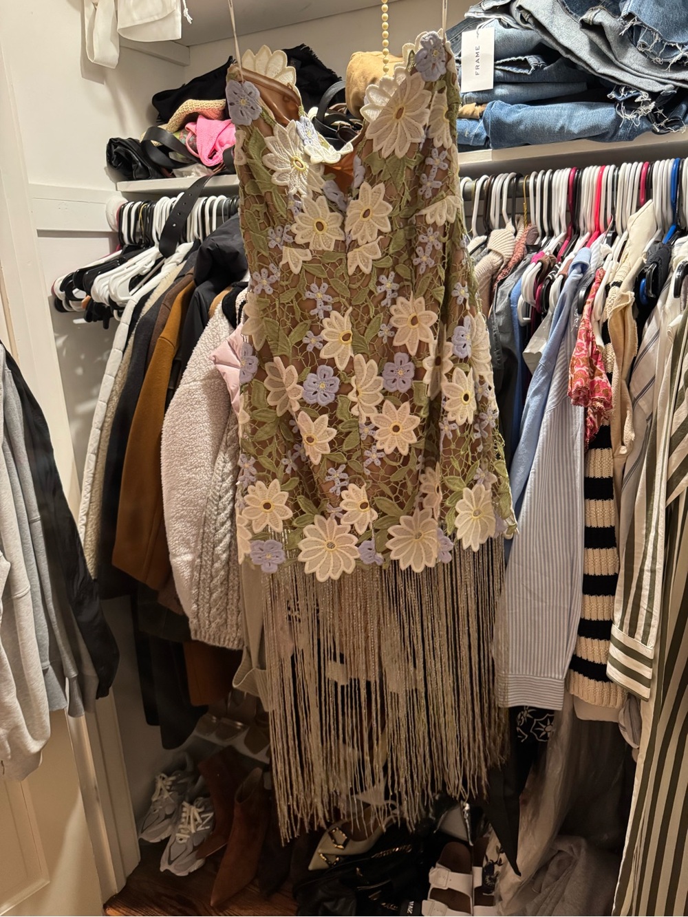 Elliatt Olive Mini Dress with Pastel Floral Embroidery and Fringe - Picture 4 of 6